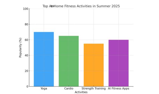 AI In Health: 7 Powerful Ways To Transform Home Workouts 9 alt="Bar graph showing popularity of top at-home fitness activities in summer 2025: Yoga 70%, Cardio 65%, Strength Training 55%, AI Fitness Apps 60%."