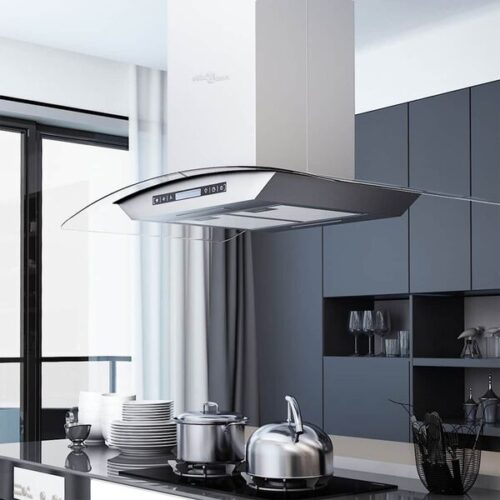      alt="Modern kitchen automated hood with touch sensor controls and sleek stainless steel design" 
