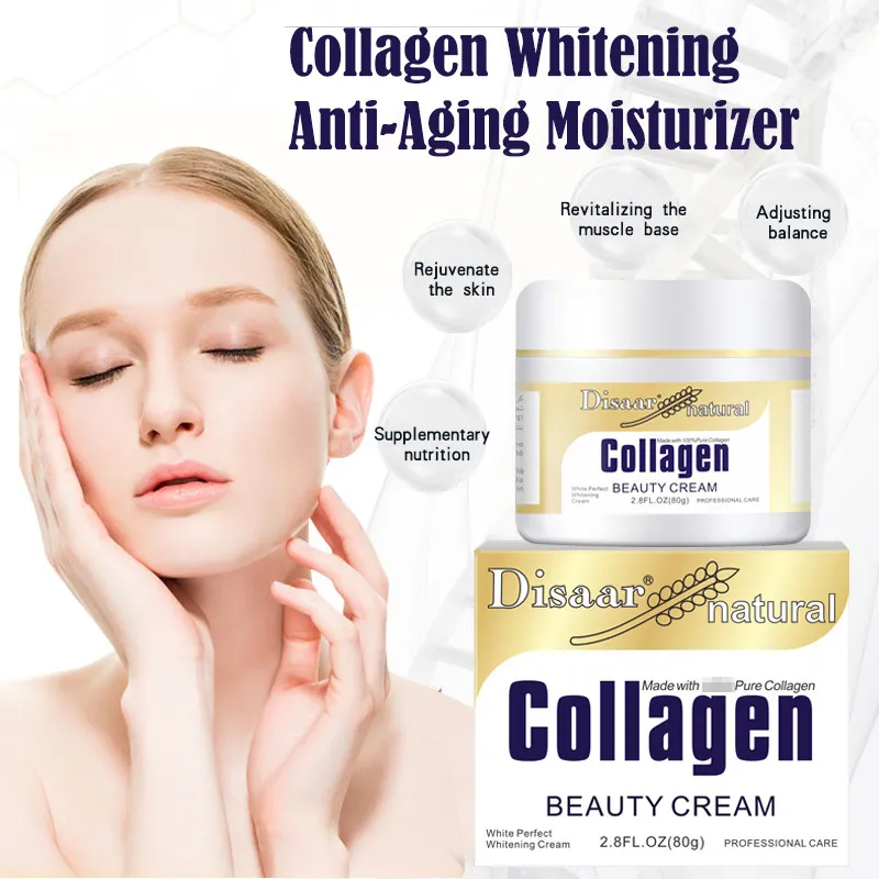 Collagen whitening anti-aging moisturizer cream by Disaar Natural with a woman touching her face, promoting skin rejuvenation and hydration benefits.