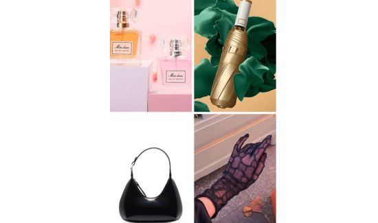 "Skin care and body care.jpg" alt="Collage of skincare and beauty items including perfume, serum, black handbag, and lace gloves"