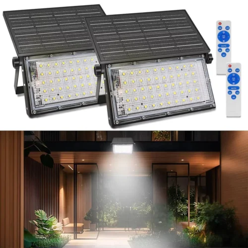      alt="Adjustable portable solar powered flood light, foldable waterproof spotlight for outdoor yard and fence security" 
