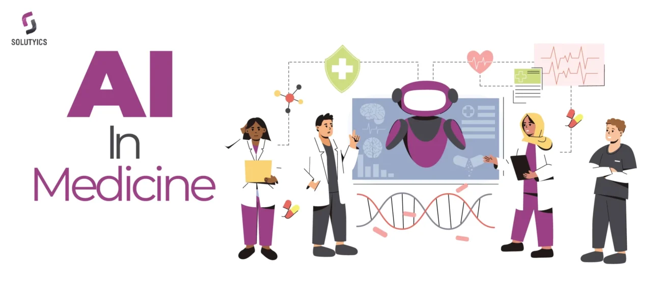 alt="Illustration showing the future of AI in healthcare, including disease prediction, personalized medicine, robotic surgery, and telemedicine"