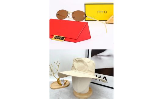 Stylish skincare with Brown oval sunglasses with red designer case and luxury packaging, paired with beige wide-brim bucket hat on mannequin.