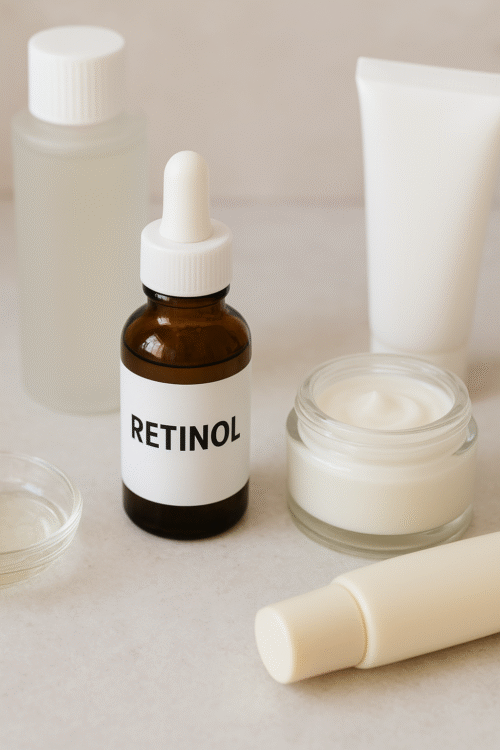 alt="Retinol serum and moisturizer placed together on a clean skincare flatlay background">
