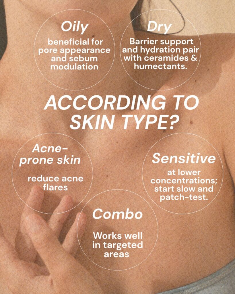  alt="Illustration showing the effects of niacinamide on different skin types, including brightening, pore refinement, oil control, and barrier repair">