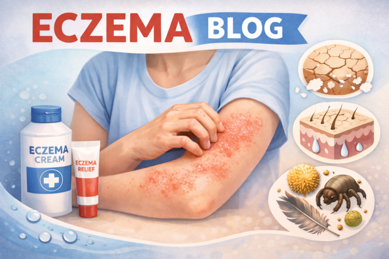 alt="Person gently touching dry, irritated skin on the arm with mild eczema, alongside soothing skincare creams and illustrations showing skin barrier hydration and common eczema triggers." />