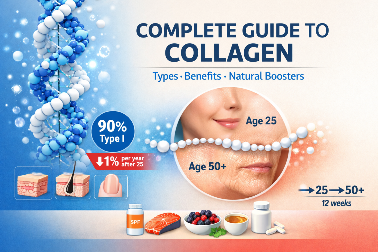 alt="Complete collagen guide featuring molecular structure, skin layers, hair follicle, and natural food sources for boosting production"