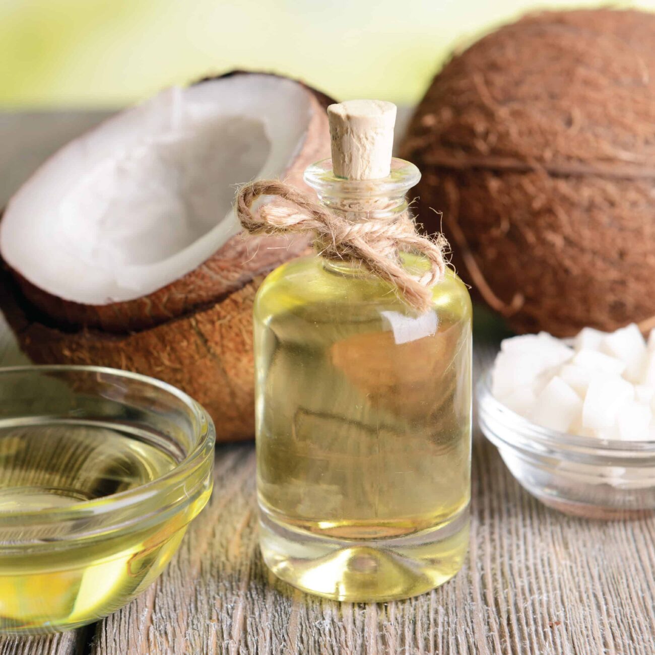 alt="Organic virgin coconut oil in a glass jar with fresh coconuts.">