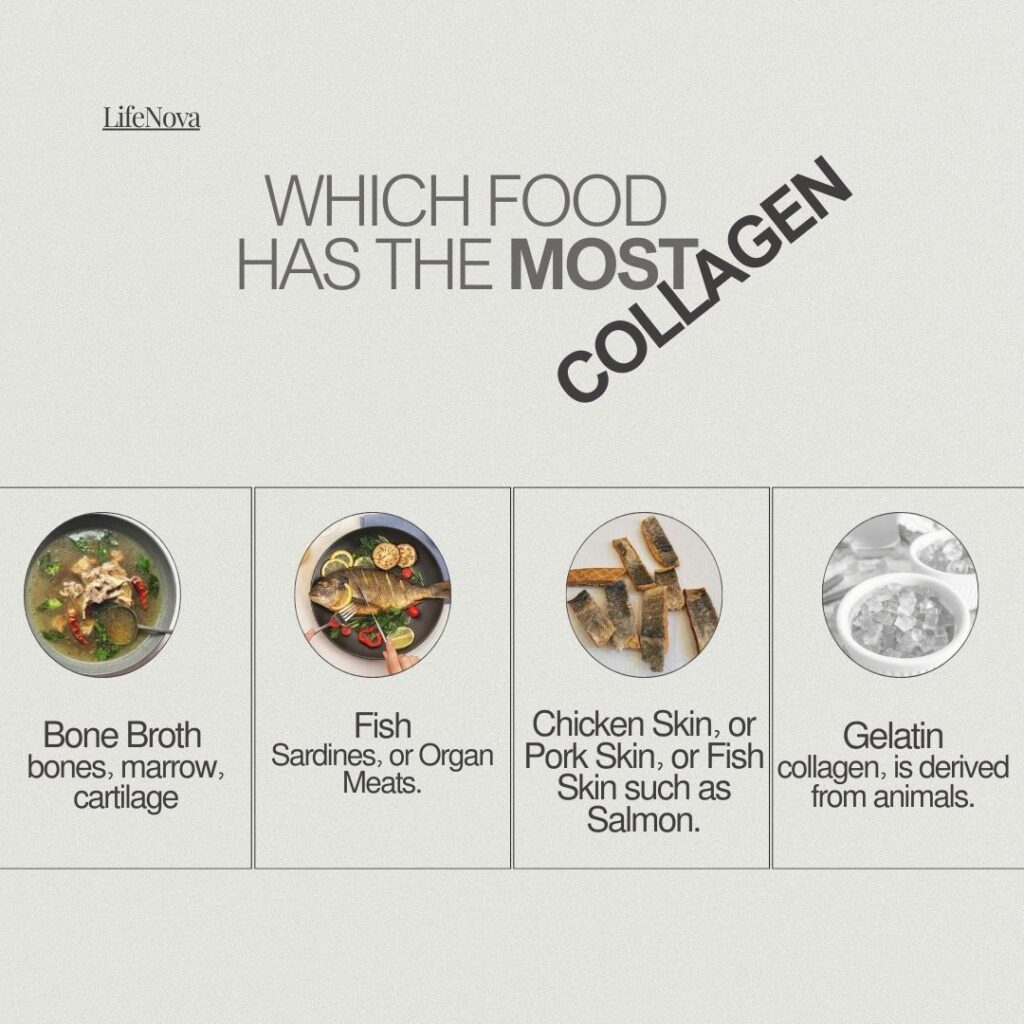 alt="Collagen-rich foods including bone broth, chicken skin, fish, and berries for natural collagen production"
